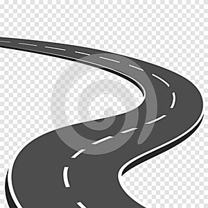 Winding curved road with markings. Highway going into the distance. Asphalt pathway on transparent background. Road direction